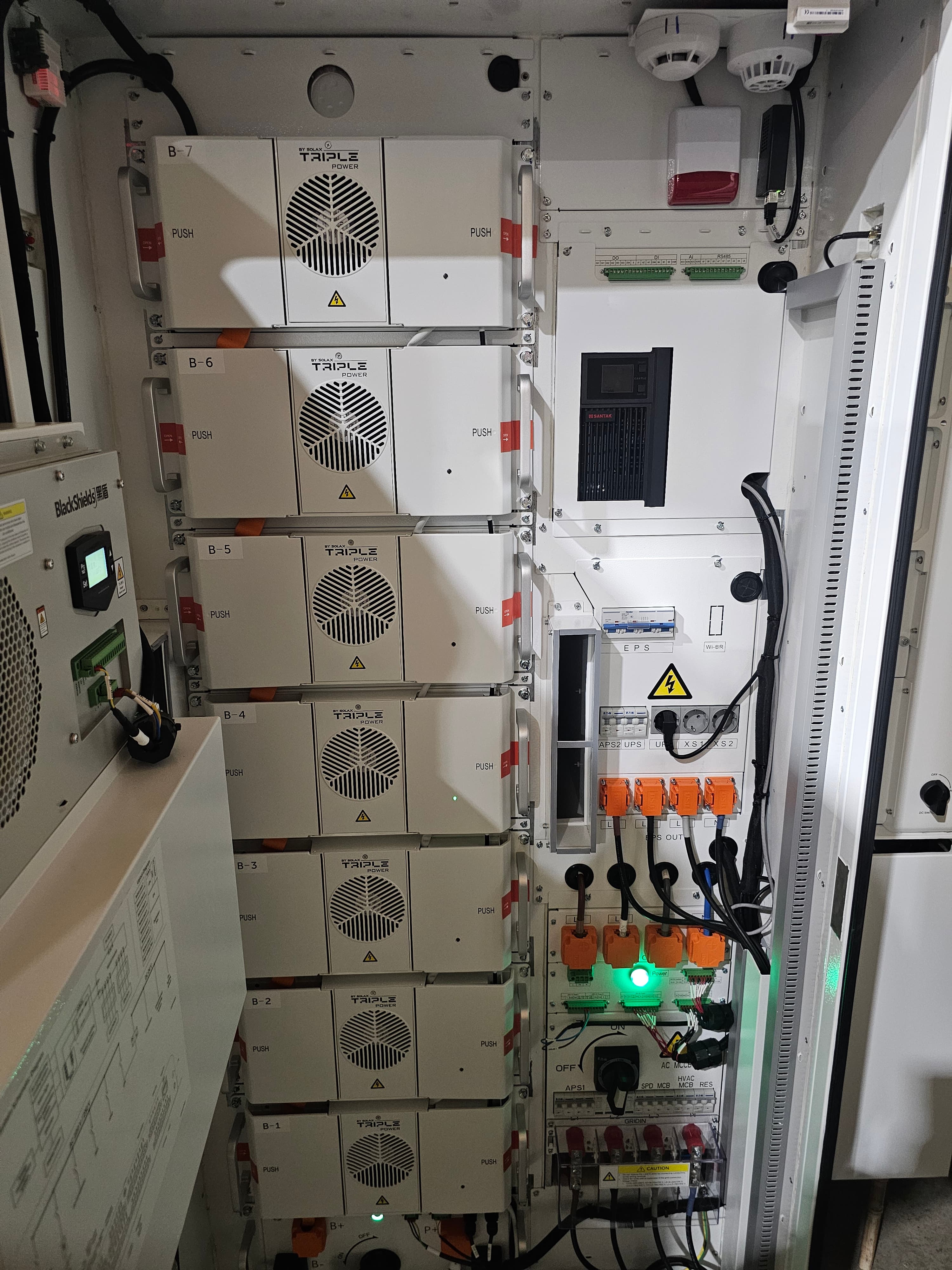 Commercial battery storage cabinet with modular battery units and control equipment