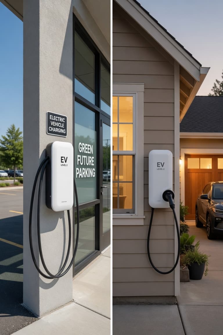 Technician installing EV chargers at a commercial building and residential home