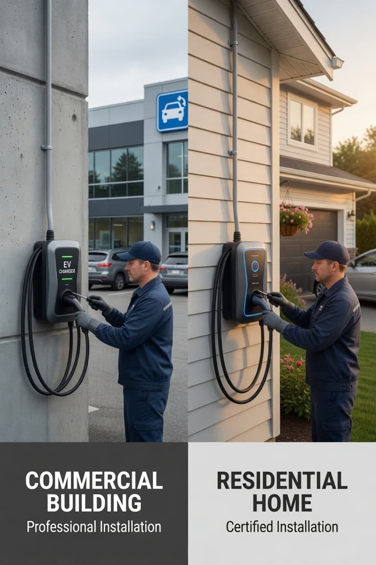 Level 2 ChargePoint EV chargers at a commercial car park and residential driveway
