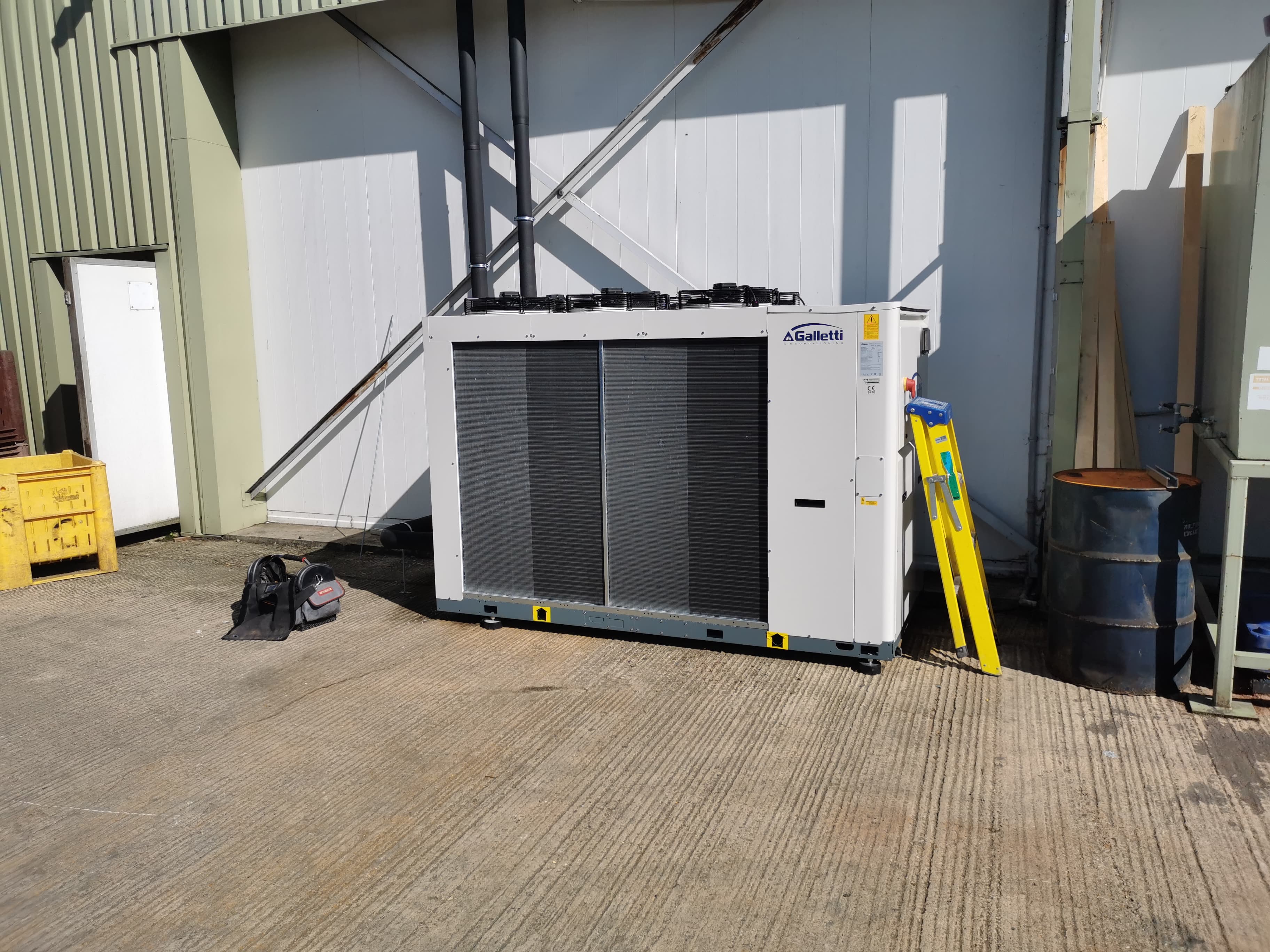 Commercial Galletti chiller unit installed outside a cold store facility